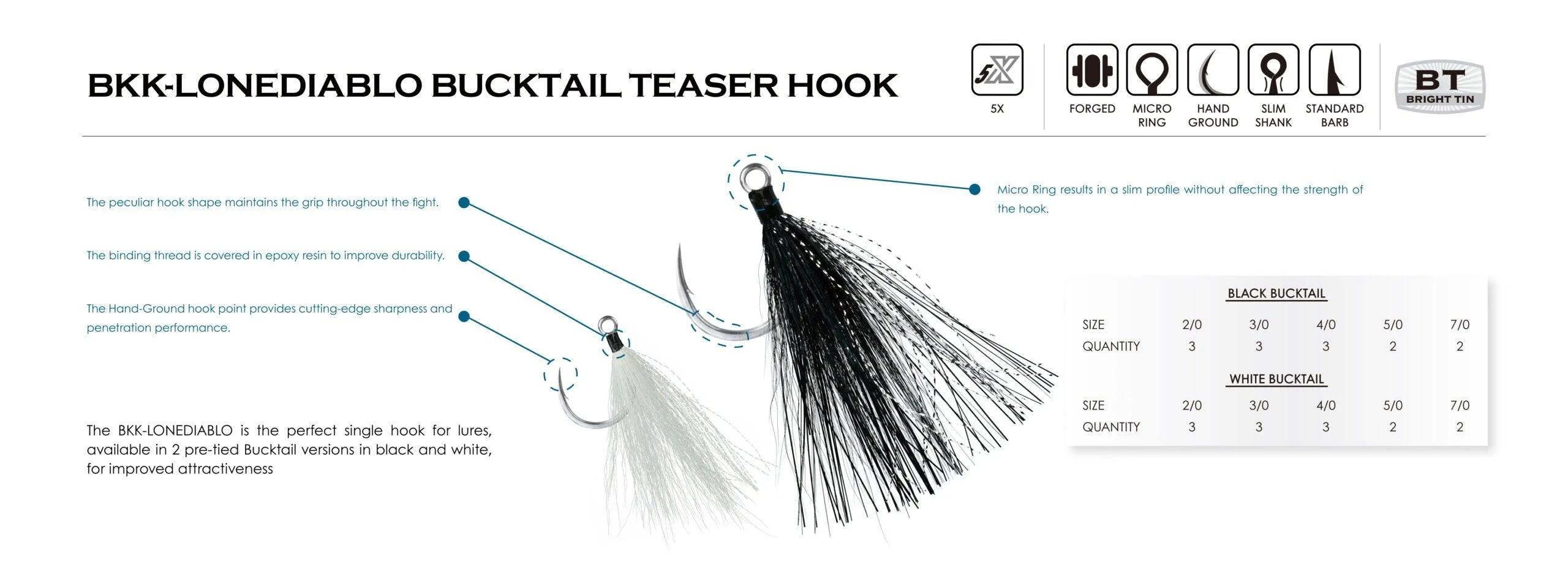 BKK LONEDIABLO White Bucktail Teaser Hooks - Image 3