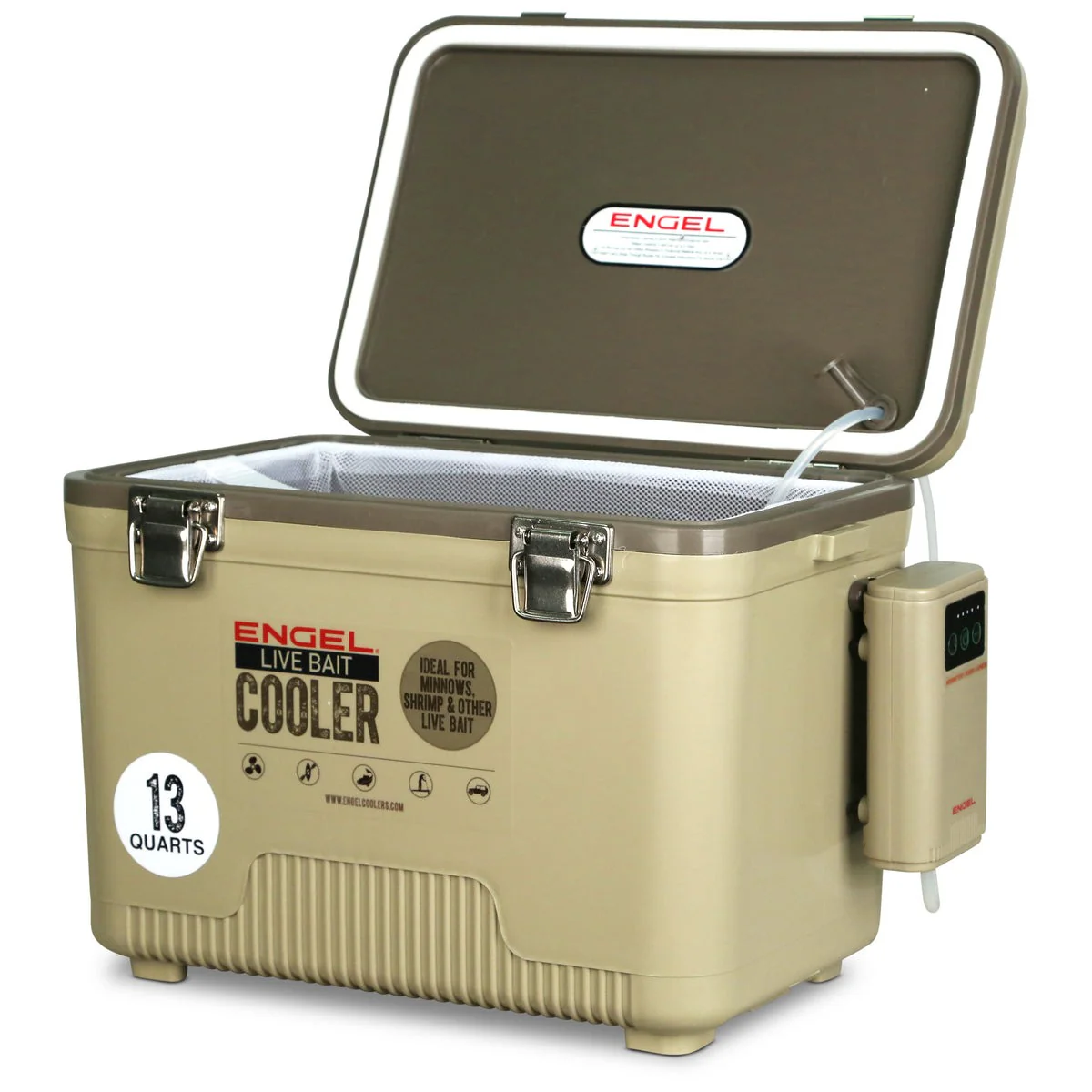 Engel 13 Quart Live Bait Pro Cooler with AP3 Rechargeable Aerator & Stainless Hardware - Image 4